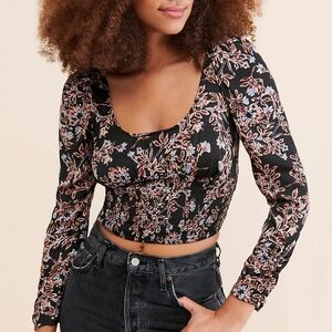 Free People Black Floral Smocked Scoop Crop Top Size M